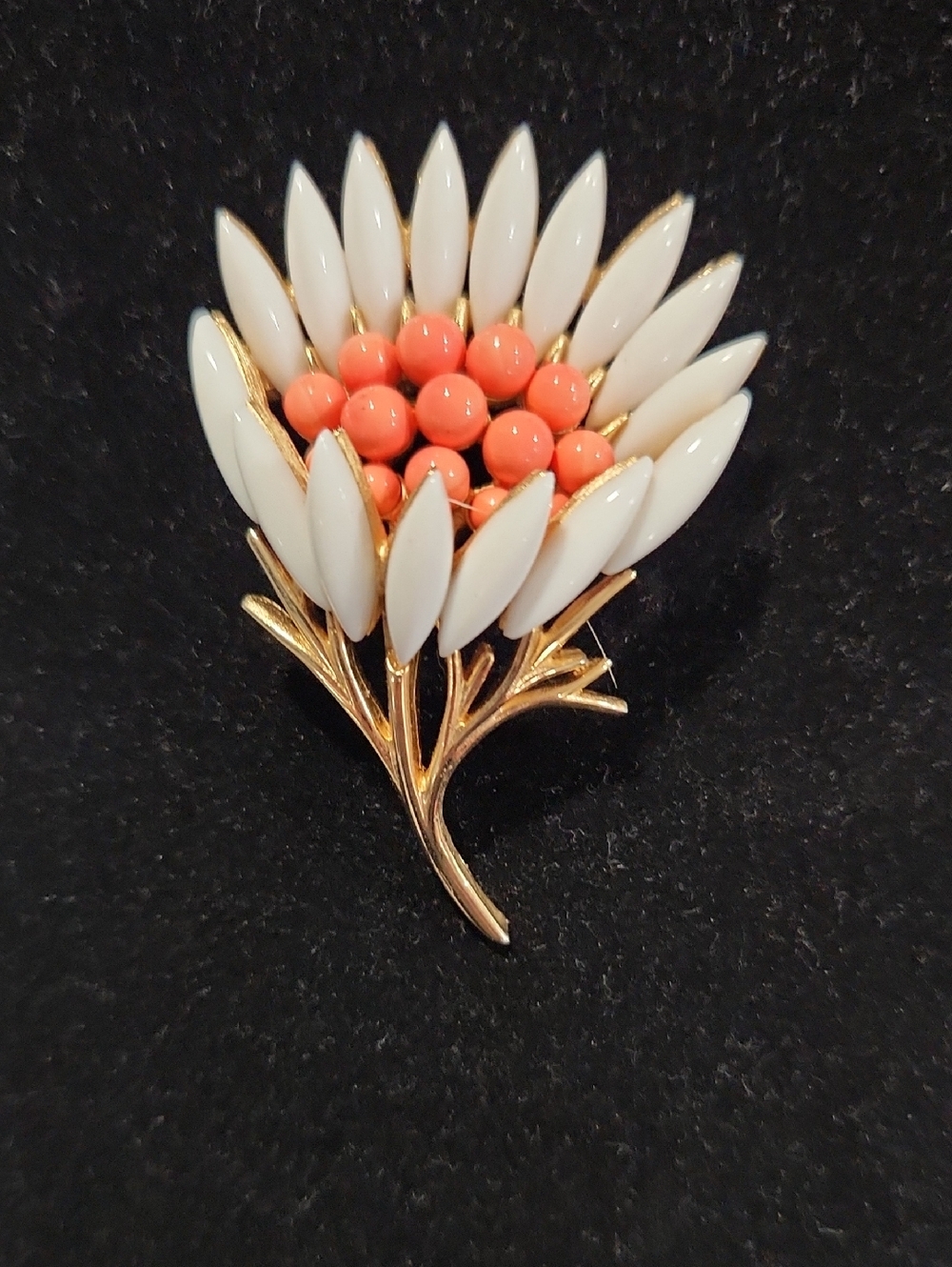 Trifari Gold-Tone Brooch with White Petals and Coral Bead Center